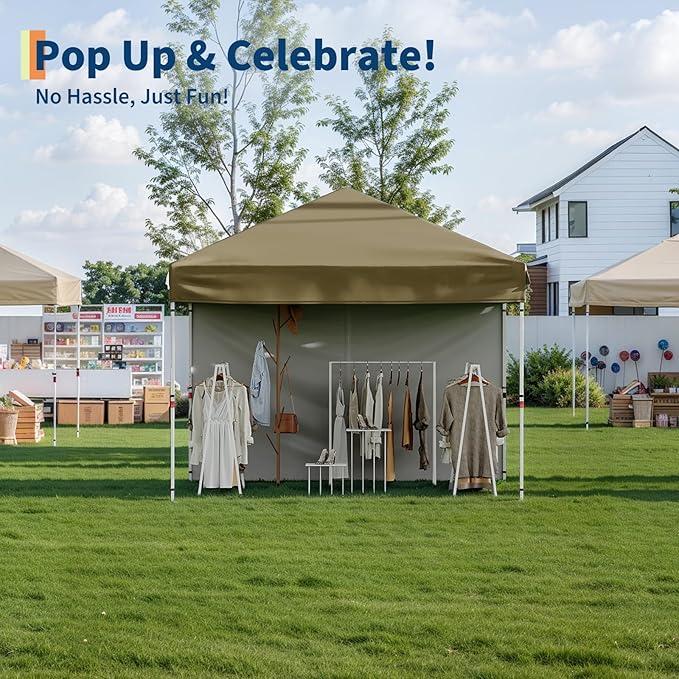 GarveeLife 10x10 Pop Up Canopy with One Sidewalls - Easy Up Camping Tent with One Button Push Setup - 1 Roller Bag, 3 Adjustable Height, 4 Weight Bags for Deck, Garden, Sports, Beach, Party - Brown