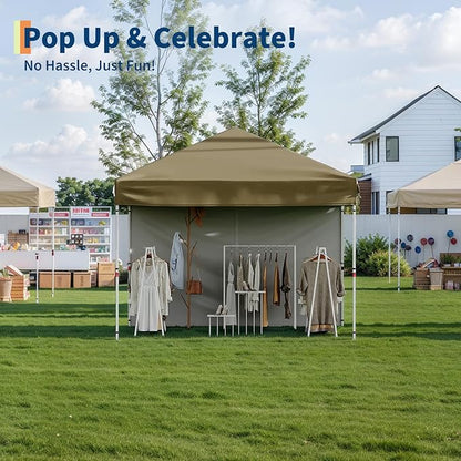 GarveeLife 10x10 Pop Up Canopy with One Sidewalls - Easy Up Camping Tent with One Button Push Setup - 1 Roller Bag, 3 Adjustable Height, 4 Weight Bags for Deck, Garden, Sports, Beach, Party - Brown