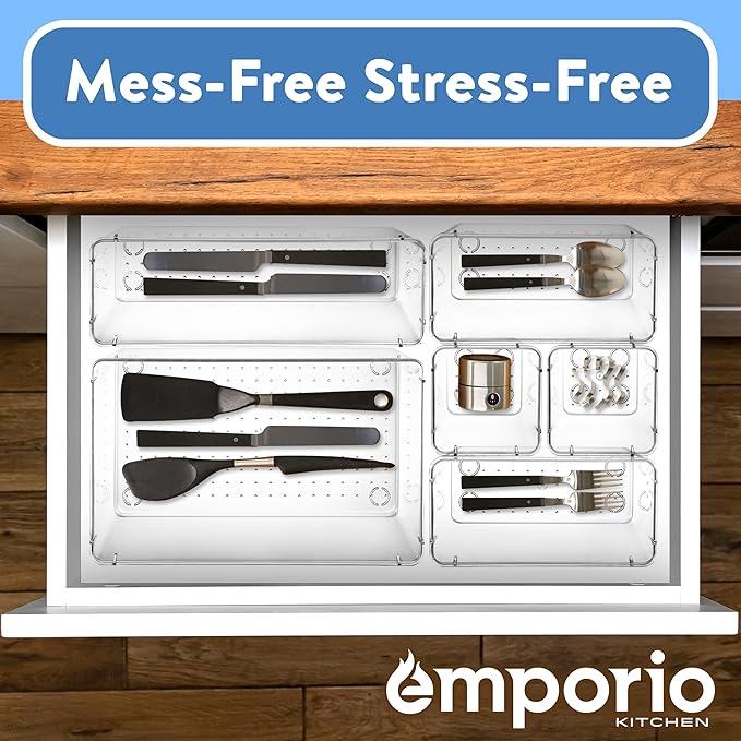 Emporio Kitchen Drawer Organizer Set - Includes 1-piece 9x6" bins, 2-piece 9x3" bins, 6-piece 6x3" Bins, 6-piece 3x3" Bins, Stackable 4 Size Storage Trays for Makeup, Kitchen, and Office, Pack of 15
