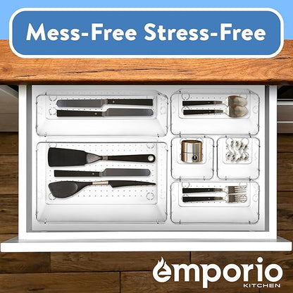 Emporio Kitchen Drawer Organizer Set - Includes 1-piece 9x6" bins, 2-piece 9x3" bins, 6-piece 6x3" Bins, 6-piece 3x3" Bins, Stackable 4 Size Storage Trays for Makeup, Kitchen, and Office, Pack of 15