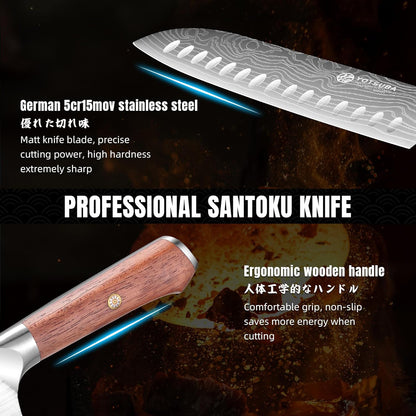 Yotsuba Santoku Knife, 7 Inch Kitchen Knife, Sharp Japanese Knife with Wooden Handle, Forged High Carbon German Stainless Steel