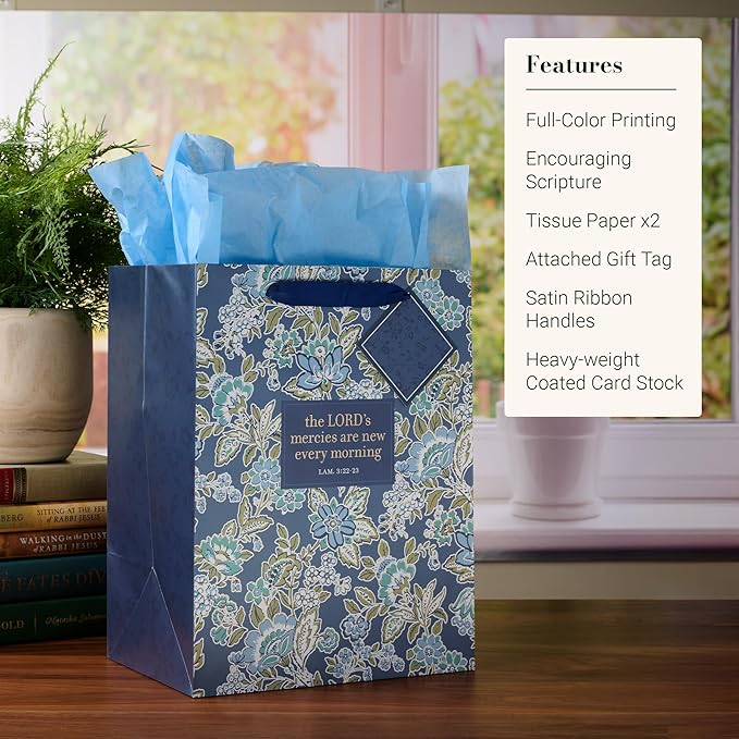 Christian Art Gifts Large Portrait Inspirational Scripture Gift Bag, Tag & Wrapping Tissue Paper Set for Women: Mercies are New Encouraging Bible Verse, Sturdy Satin Ribbon Handles, Blue/Green Floral