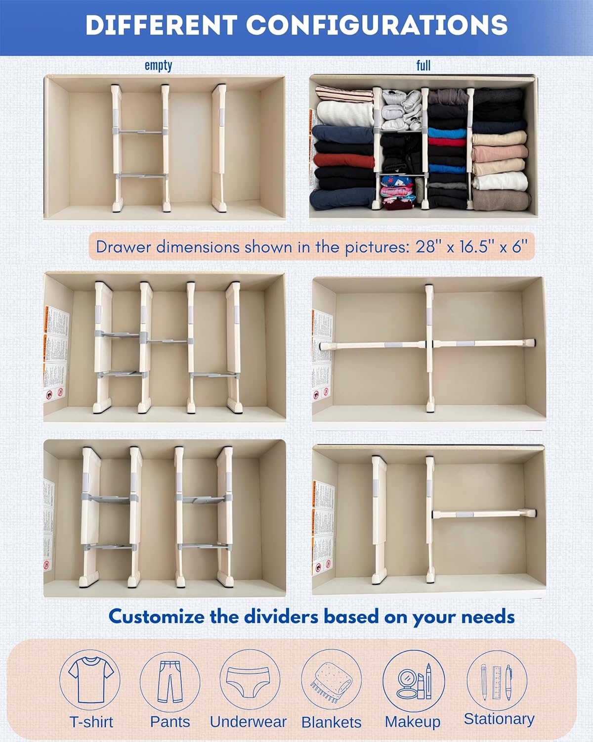 4 Pack Drawer Dividers for Clothes with Scent Slots 4" High, 13-20.4" and 4 Adjustable Hooks, Expandable Dresser Drawer Organizer for Closet, Kitchen, Bathroom, Office