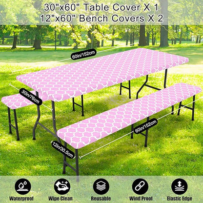 Smiry Picnic Table Cover with Bench Covers, Waterproof Elastic Fitted Tablecloth for 5 Foot Tables, Washable Polyester Tablecloths for Camping, Indoor & Outdoor (Pink, 30x60 Inch 3-pc Set)