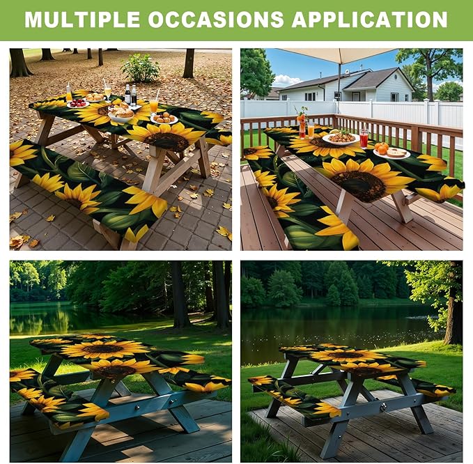 ANNA QUEEN 6FT Sunflower Picnic Table Cover with Bench Covers Spring Picnic Table Cover Set 3PCS 72"x30", Outdoor Bench and Tablecloth Furniture Protection