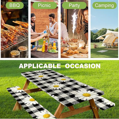 ANNA QUEEN 6FT Chrysanthemums Spring Picnic Table Cover with Bench Covers Picnic Table Cover Set 3PCS 72"x30", Waterproof Outdoor Bench and Tablecloth Furniture Protection for Camping Beach BBQ