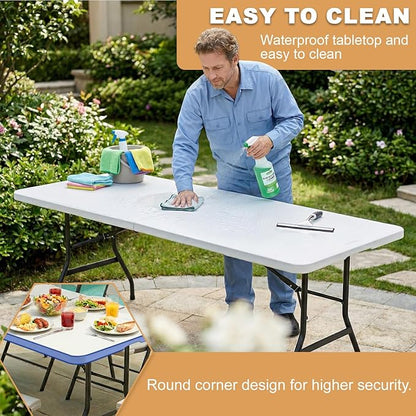 FDW 8FT Plastic Folding Table, Portable with Carrying Handle Perfect for Indoor, Outdoor, Party, Dining, Wedding, Events, Camping, White