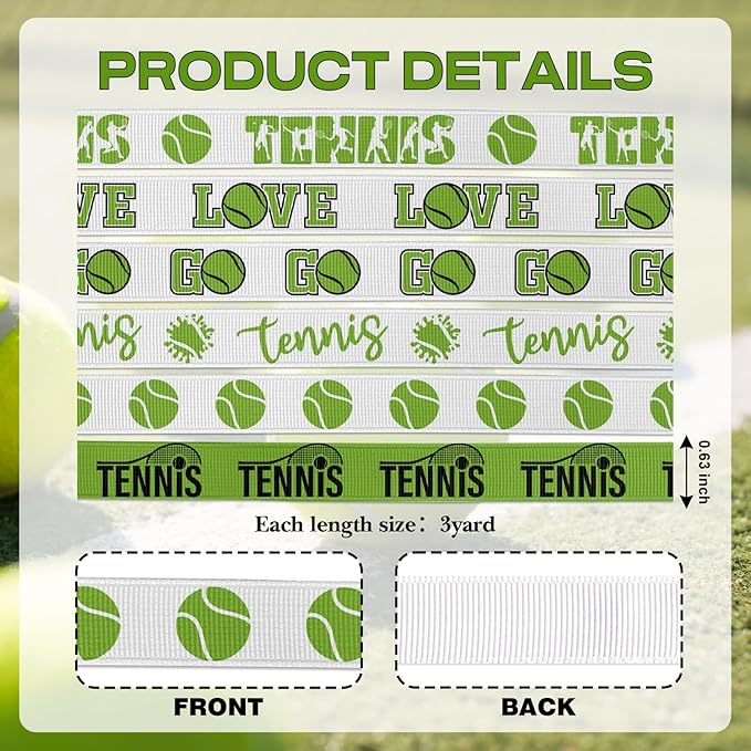 6 Tennis Ribbon Variety Pack 5/8" Width, 18 Yards Grosgrain Ribbons for Hair Bows Crafts Gift Wrapping - Sports Ball Pattern Trim for Party Decorations DIY Sewing