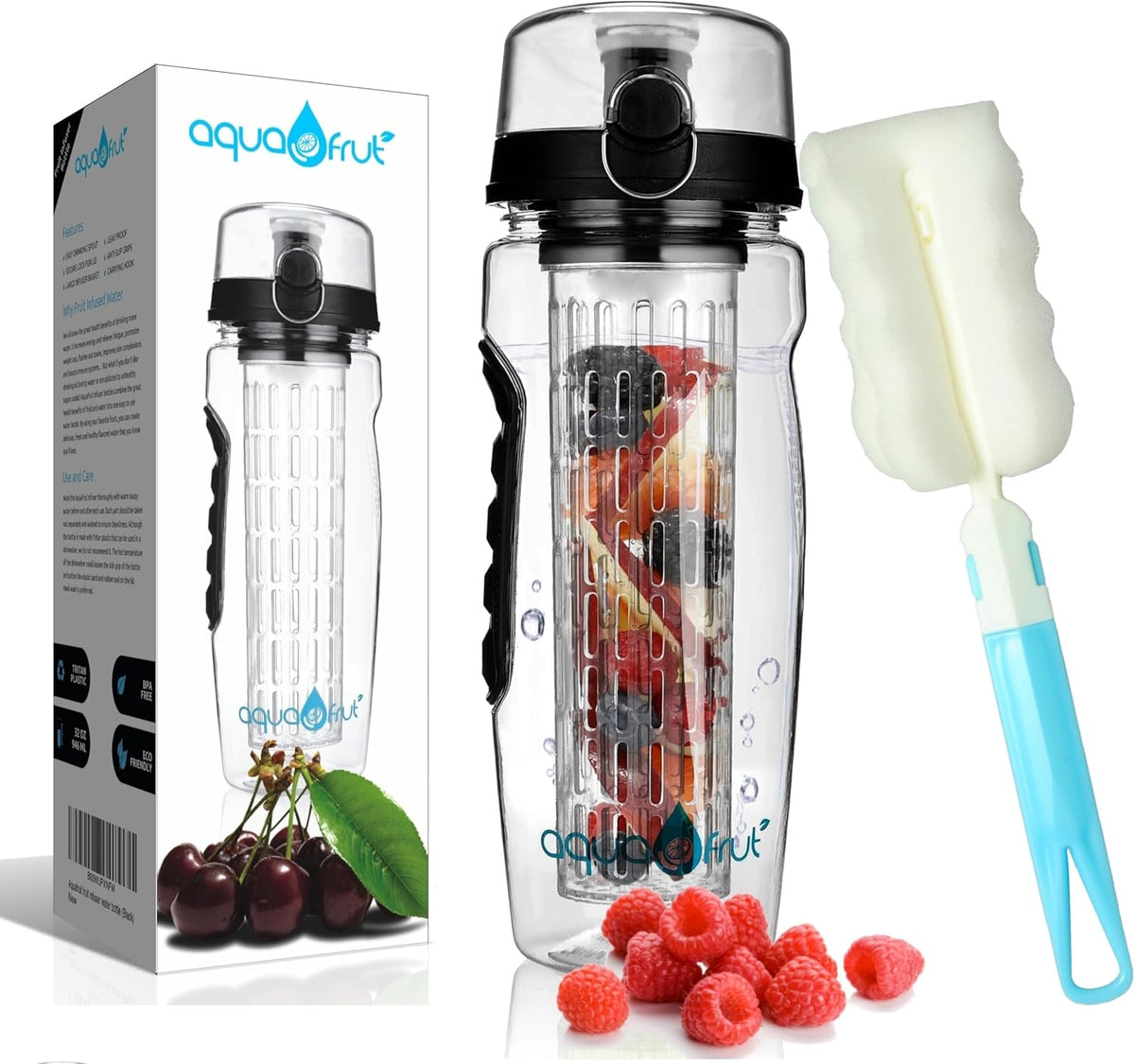 AquaFrut 32 OZ Fruit Infuser Water Bottle BPA-Free Fruit Infusion Sports Bottle - Flip Top Lid w Drinking Spout, Leak Proof, Made of Durable Tritan