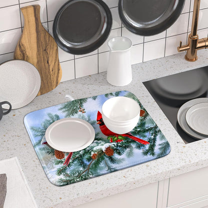 Winter Red Cardinal Bird Dish Drying Mat for Kitchen Counter,Holly Berry Branches Xmas Snowflake Cabin Drying Mat 16 x 18 Inch with High Absorbent