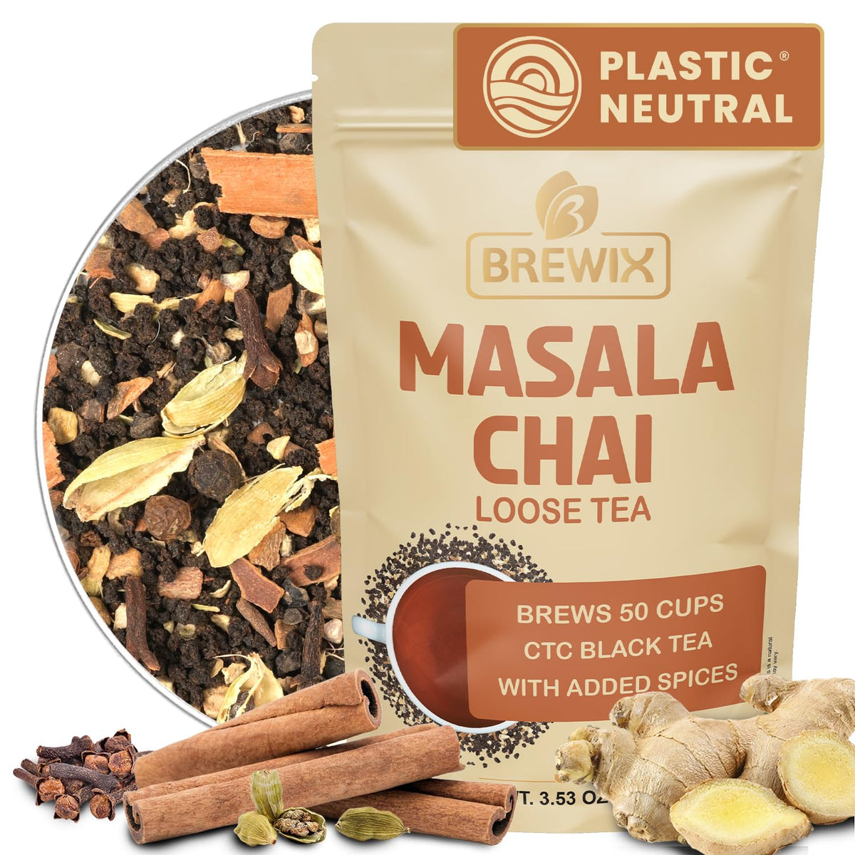 BREWIX, Masala Chai Tea Loose Leaf CTC TEA (50+ Cups, 3.53oz/100g) Strong Robust & Aromatic, All Natural | Blended with Exotic Spices | Ginger, Cinnamon, Cardamom, Clove & Black Pepper