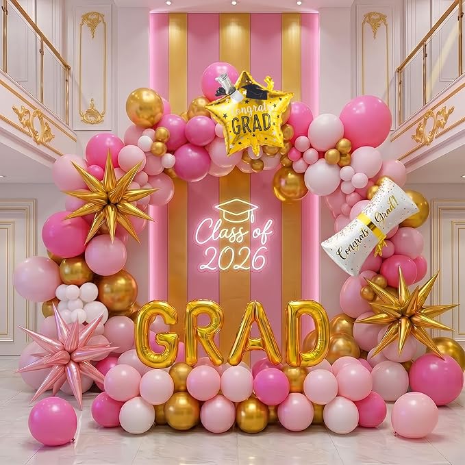 Pink Graduation Balloon Garland Arch Kit 122PCS with Graduation Star Certificate Letter Mylar Foil Balloons for Graduate Class of 2026 Grad Prom party Decorations Supplies (Hot Pink White)