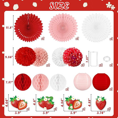 26pcs Strawberry Birthday Party Decorations – Red Pink White Paper Fans, Tissue Pom Poms for Berry Sweet Girl 1st , Baby Shower, Shortcake Theme Supplies