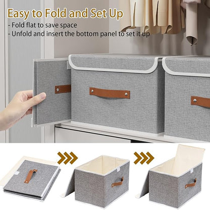 Yawinhe Collapsible Storage Boxes, Foldable Bin with Lids, Cube Clothes Organizer Basket with Handles, Grey, 13.0''Lx9.0''Wx7.9''H, 1-Pack, SNK024GS-1