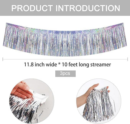 BEISHIDA 3 Packs 30 Feet Metallic Foil Fringe Garland Tinsel Streamers，Laser Silver Wall Hanging Tinsel Fringe Banners for Wedding Birthday Party Decoration Halloween Christmas New Year