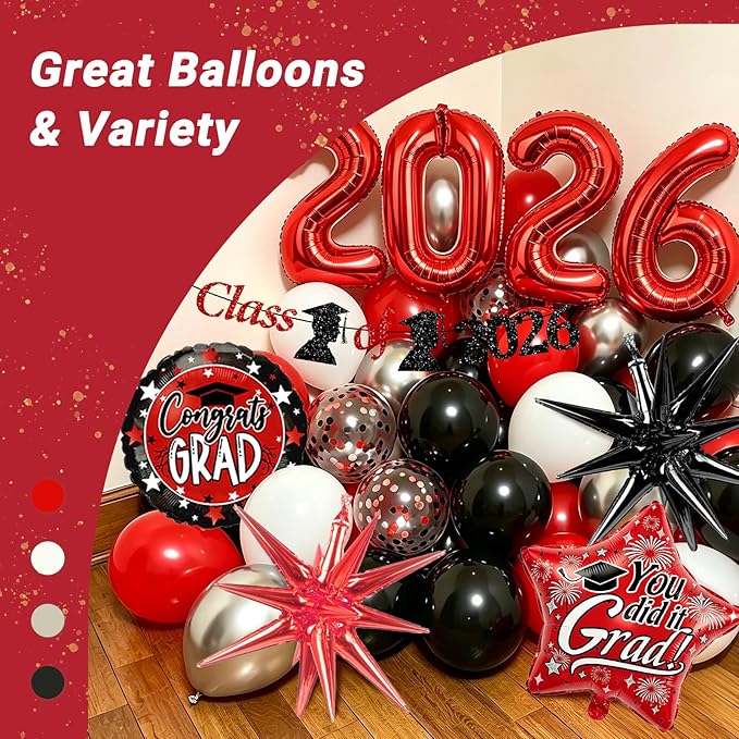 Red and Black Graduation Decorations with Fringe Curtain Banner Metallic Silver Confetti Black Red White Balloons for Graduation Decorations 2026