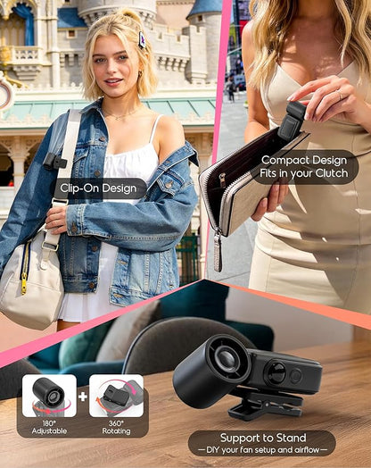 Portable Clip-On Mini Fan, Hands-Free, Turbo Personal Handheld Fans Rechargeable w/ 4 Wind & LED Display, Pocket Size Summer Essentials for Travel/EyeLash/Beach/Concert, Gifts for Women Men(Black)