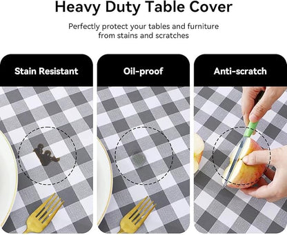 Romanstile Rectangle Vinyl Tablecloth, 100% Waterproof Buffalo Gingham Plastic Table Cloth, Heavy Duty Wipeable Checkered Table Covers for Outdoor, Camping, Picnic, Patio - 60 x 84, Grey and White
