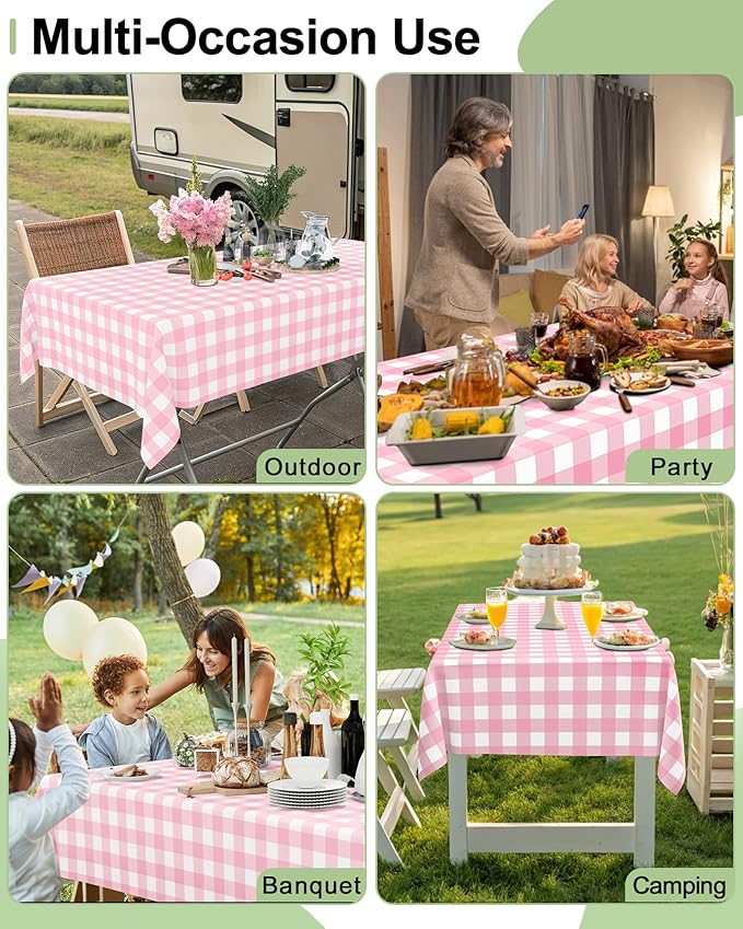 Smiry 20 Packs Gingham Disposable Table Cloth, 54 x 108 Inch Waterproof Plastic Tablecloth, Rectangle Pink and White Checkered Table Covers for Picnic, Birthday, Valentines