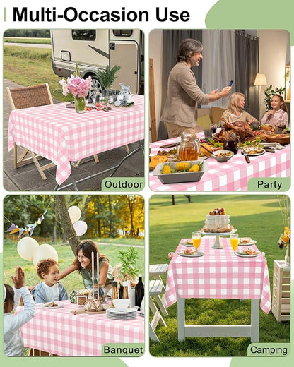 Smiry 20 Packs Gingham Disposable Table Cloth, 54 x 108 Inch Waterproof Plastic Tablecloth, Rectangle Pink and White Checkered Table Covers for Picnic, Birthday, Valentines
