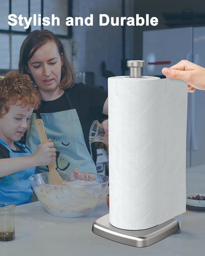 Paper Towel Holder Countertop, Paper Towel Dispenser Standing Weighted Base Non-Slip, Fit Most Size Tissue Roll, Stainless Steel Paper Towel for Home Kitchen Countertop Tabletop, Sliver