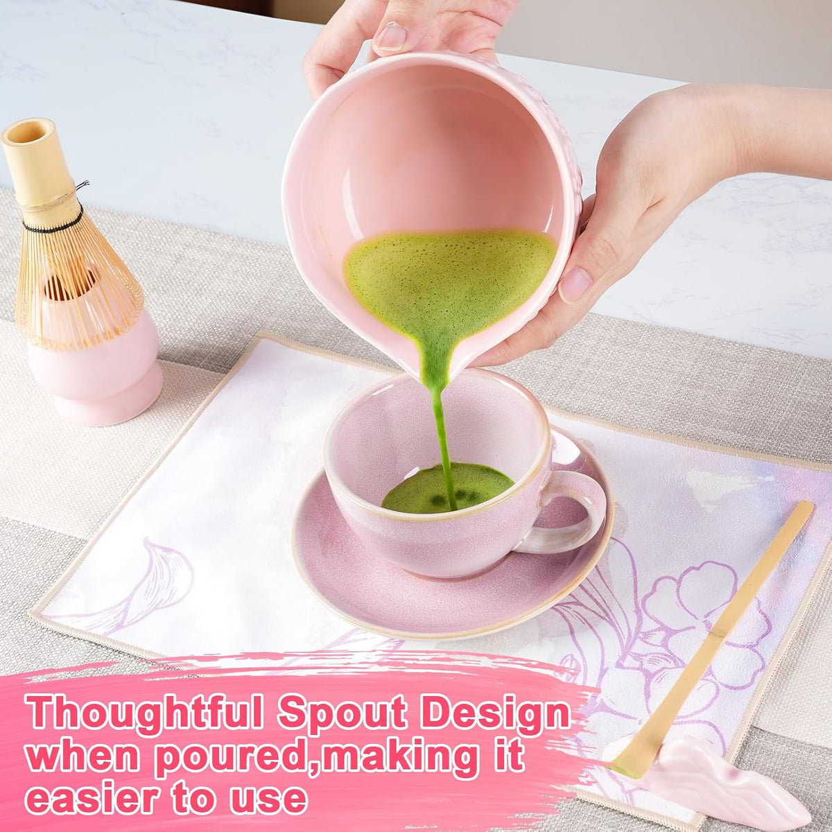 Matcha Whisk Set, Matcha Set 7 Pieces - Ceramic Matcha Bowl with Spout, Bamboo Chasen Whisk & Holder, Scoop, Sifter, Tea Towel - Complete Kit for Matcha Tea Ceremony, Latte, Ideal Gift（Pink）