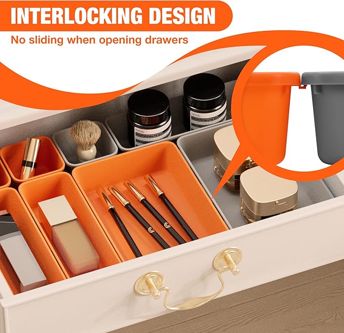 ValueMax 21 PCS Desk Drawer Organizer Set, PP Material Interlocking Drawer Organizer Bins for Office, Vanity, Garage and Bathroom, Non-Silp and Two-Tone Stackable Design, Orange & Gray