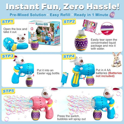 Easter Bubble Guns for Toddlers & Kids: Easter Basket Stuffers 2-Pack Bunny & Egg Themed - Leak-Proof Bubble Blaster Toys with Refill Solution - Perfect for Easter Egg Hunt & Outdoor Party