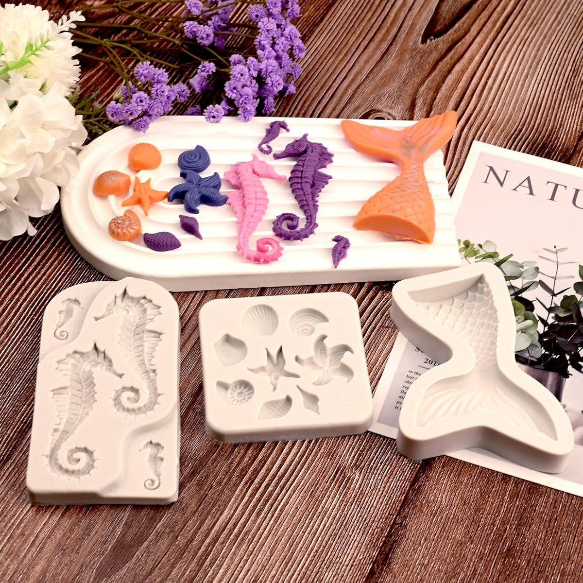 Sakolla Mermaid Theme Cake Fondant Mold - Seahorse Seashell Starfish Mermaid Tail Silicone Mold for Cake Decoration, Chocolate, Candy, Polymer Clay