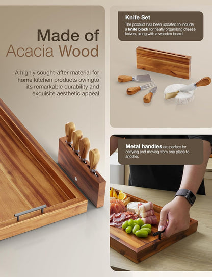Acacia 30 Inch Large Charcuterie Boards for Party with Cheese Knife Set of 4 – Acacia Wood Serving Tray with Handles, Long Charcuterie Board