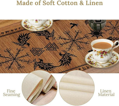 Viking Table Runners, Viking Tree of Life Raven Helmet of Awe Wood Print Table Runner for Home Kitchen Coffee Dining Room Bedroom Party 13x90in