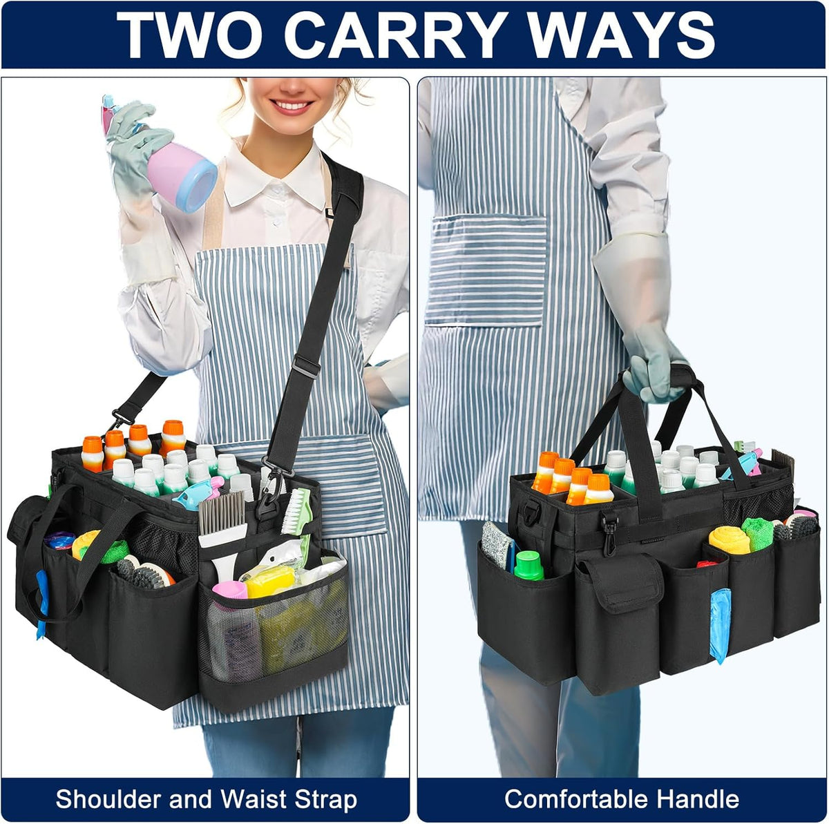 Cleaning Caddy Bag,Extra Large Cleaning Supplies Organizer with Handle for Housekeepers,Black