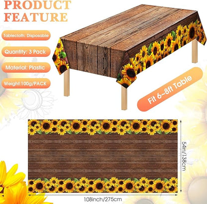 Tegeme 3 Pcs Sunflower Wood Grain Plastic Rustic Tablecloth Vintage Rectangle Table Covers Countryside Outdoor Tablecloth for Dining Table Kitchen Party Banquet, 54 x 108 Inch