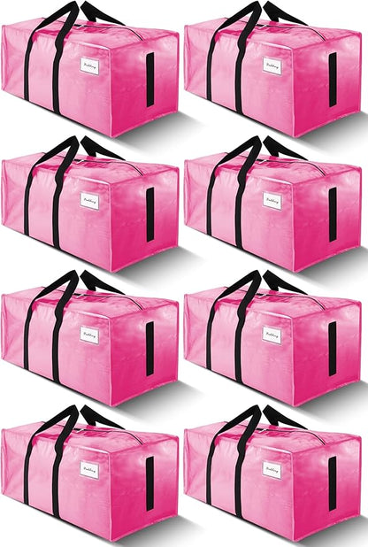 8 Pack Large Strong Moving Bags with Zippers & Carrying Handles - Water-Resistant - Heavy Duty Storage Tote for Space Saving, Fold Flat, Alternative to Moving Box (Pink)