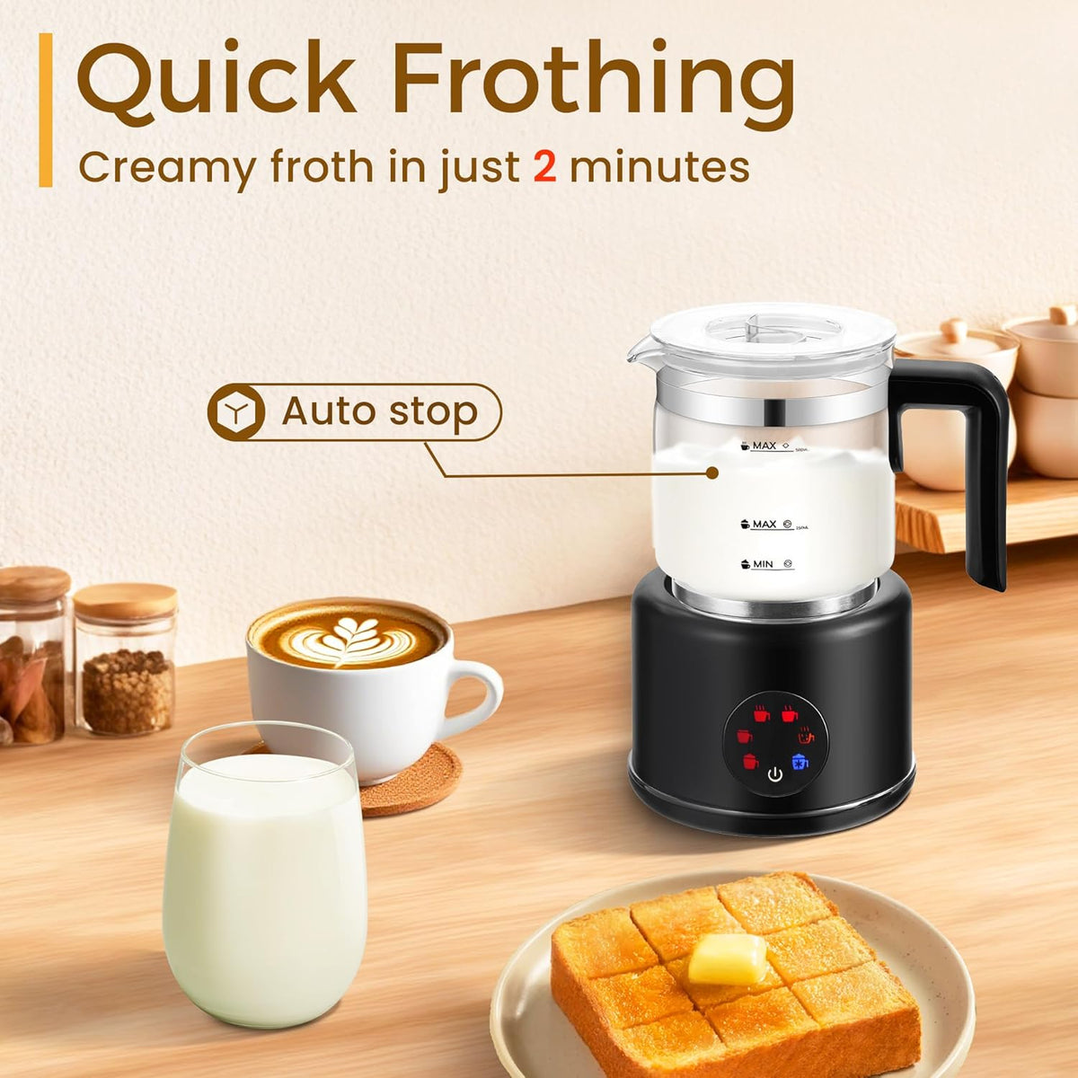 Milk Frother and Steamer, 6 in 1 Milk Steamer and Milk Warmer, 17oz Auto Shut Off Electric Frother with Touch Screen, Hot/Cold Foam Maker for Coffee, Latte, Cappuccino, Hot Chocolate