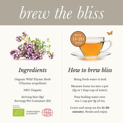 Wild Bliss Organic Wild Breckland Thyme Tea - Caffeine Free Loose Leaf Herbal Tea - Resipratory and Digestion Support - 1.76 Oz - 25 Servings