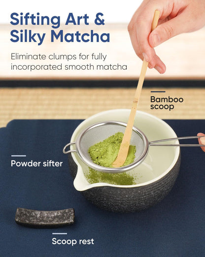 7 Pcs Matcha Kit Set, Matcha Whisk and Bowl with Spout, Powder Sifter, Whisk Holder, Bamboo Scoop and Scoop Rest