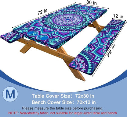 Picnic Table Cover with Bench Covers Windproof Waterproof Picnic Table Covers Camping Tablecloth with Self-Storage Bag, 72in, Blue Purple