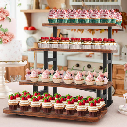 Cupcake Stand for 50 Cupcakes, 4 Tier Wooden Risers Display Stands Stepped Dessert Table Display Set with Metal Frame Tiered Tray Stand Serving Trays