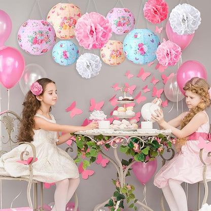 Rossesay 31 Pcs Tea Party Decorations Lanterns and Poms for Spring Fancy Party Decor 9 Flower Lantern 9 Tissue Bloom Poms 12 Butterfly Thread for Tea Garden Floral Birthday Wedding Bridal Shower