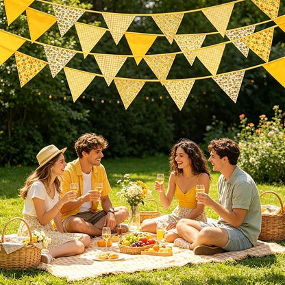 Zwiebeco 32Ft Yellow Fabric Floral Pennant Banner Bunting Cotton Flowers Triangle Flags Party Decorations for Birthday Wedding Engagement Bridal Baby Shower Rustic Village Sweet Home Garden Décor