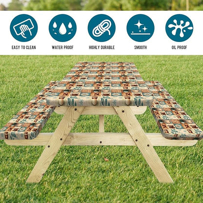 JAWO Coffee Pattern Picnic Table Cover,Bohemian Geometric Vintage Floral Tablecloth with Elastic Edge,Camping Design for Outdoor Camping, BBQ Decor, 72x30 Inch