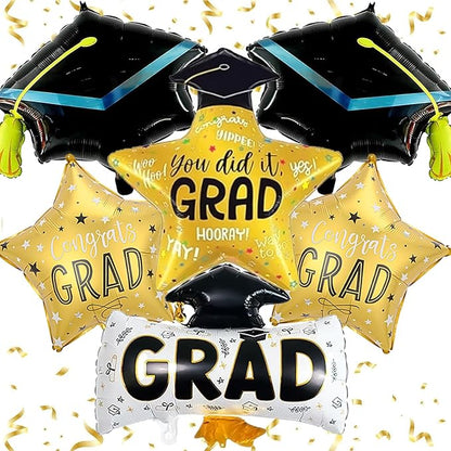 6pcs Graduation Cap Decorations Set, Graduation Balloon And Congrats Grad Balloons, Grad Foil Balloons For College High School Party Decorations 2026