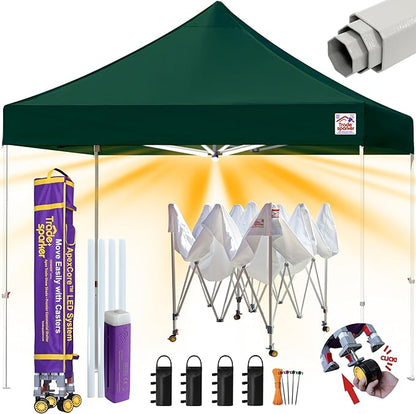 Tradesparker 10x10 Pop Up Canopy Tent,Commercial Movable Canopy with ApexCore LED&Rugged Casters-Instant Easy Setup Shelter Canopies with Weight Bags&Stakes for Outdoor Events Markets,Forest Green