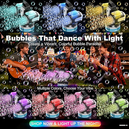 Rechargeable Bubble Machine with RGB Lights: 30,000 Bubbles Storm, Auto 360° Rotation & Remote Control - with Bubble Refill Solution & Power Display for Romantic Weddings, Kids Parties, Outdoor Fun