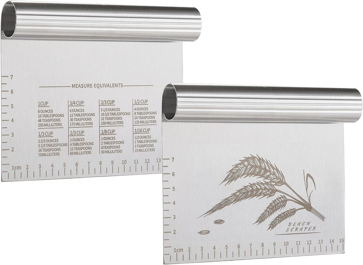 2PCS Dough Pastry Bench Cutter Scraper, OLULU Stainless Steel Kitchen Food Scraper with Protective Cover, Anti-Wear Laser-Engraved Measuring Scale and Ear Of Wheat, Dishwasher Safe (2Pack, 6 inch)
