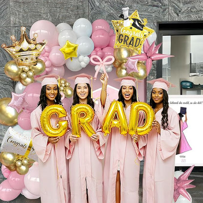 Pink White and Gold Balloon Garland Arch Kit 140Pcs with Pink and gold Stars Graduation Certificate Crown DIY bow for 2025 GRAD Prom coquette Decorations