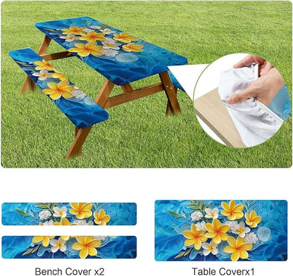 ANNA QUEEN 6FT Yellow Flowers Spring Picnic Table Cover with Bench Covers Picnic Table Cover Set 3PCS 72"x30", Outdoor Bench and Tablecloth Furniture Protection