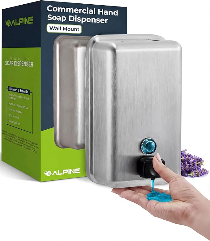 Alpine Stainless Steel Soap Dispenser Wall Mount - Commercial Liquid Wall Soap Dispenser for Bathroom, Kitchen, Refillable 1200 ml Large ADA Compliant (Vertical)
