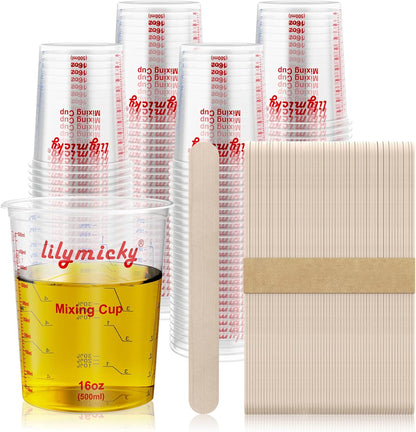 16 oz Plastic Mixing Cups, 100 Pack 16 oz (500ml) Disposable Measuring Cups with 100 Wooden Mixing Sticks, Can Be Used for Epoxy Resin